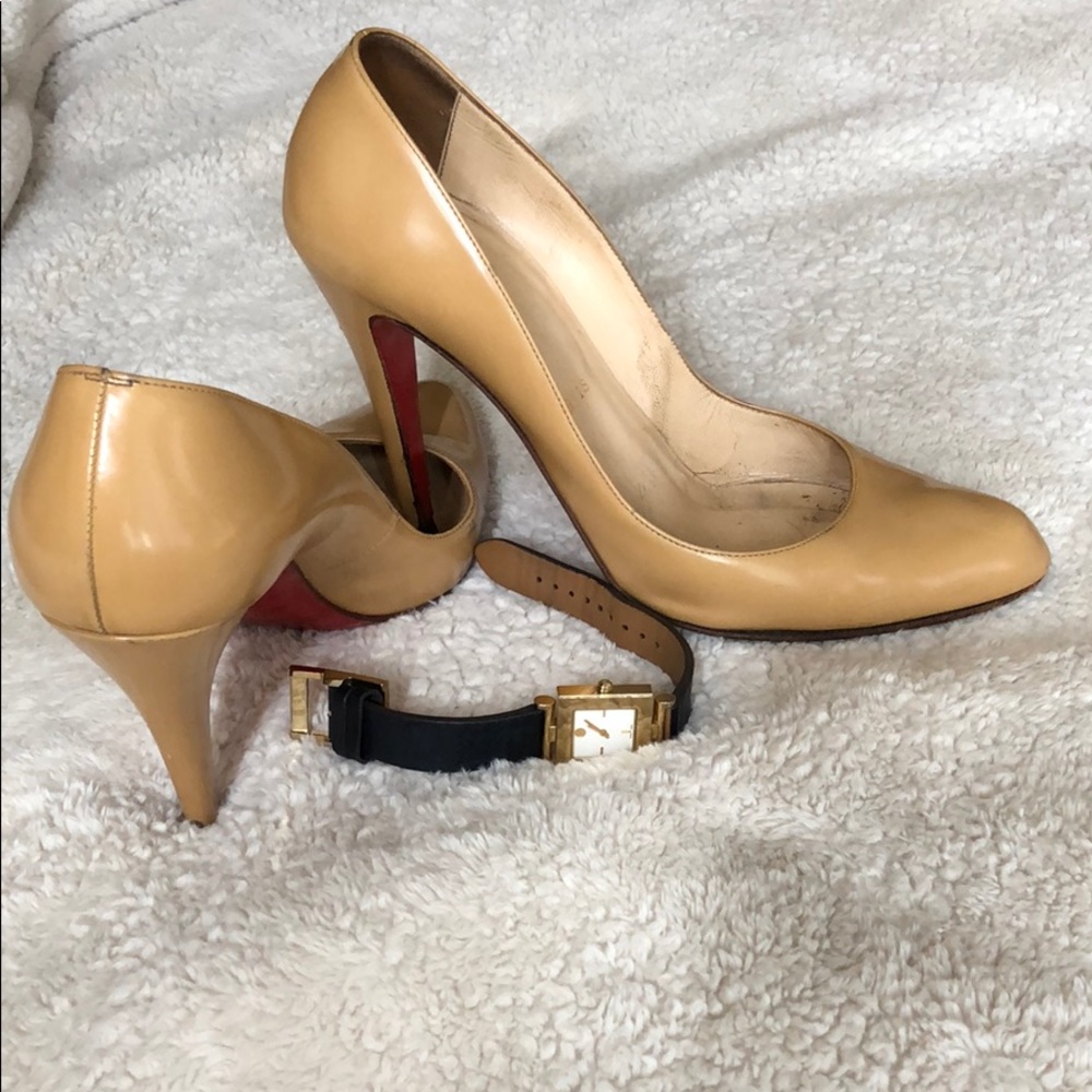 Christian Louboutin tan heals red bottoms